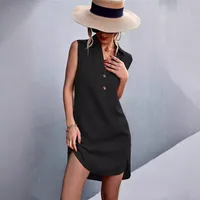 Summer  New  Designed Hot V-neck Button Sleeveless Vest Split Cotton Linen Dress main image 4