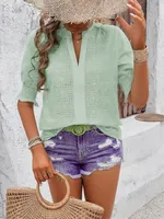Spring And Summer    Export V-Neck Puff Sleeves Mid-Sleeve Cut Out Hair Ball Lace T-Shirt Tops For Women sku image 16