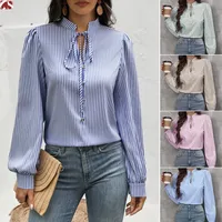 New Women's   Half-open Collar Lace-up Pullover Long-sleeved Elegant Commuter Striped Shirt main image 1