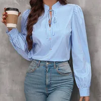 New Women's   Half-open Collar Lace-up Pullover Long-sleeved Elegant Commuter Striped Shirt main image 2