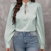New Women's   Half-open Collar Lace-up Pullover Long-sleeved Elegant Commuter Striped Shirt main image 3