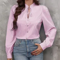 New Women's   Half-open Collar Lace-up Pullover Long-sleeved Elegant Commuter Striped Shirt main image 4