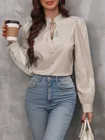 New Women's   Half-open Collar Lace-up Pullover Long-sleeved Elegant Commuter Striped Shirt sku image 15
