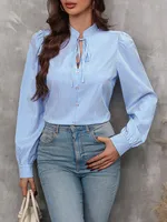 New Women's   Half-open Collar Lace-up Pullover Long-sleeved Elegant Commuter Striped Shirt sku image 8