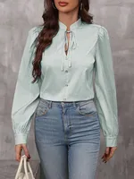 New Women's   Half-open Collar Lace-up Pullover Long-sleeved Elegant Commuter Striped Shirt sku image 17