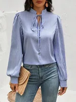 New Women's   Half-open Collar Lace-up Pullover Long-sleeved Elegant Commuter Striped Shirt sku image 3