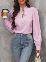 New Women's   Half-open Collar Lace-up Pullover Long-sleeved Elegant Commuter Striped Shirt sku image 9