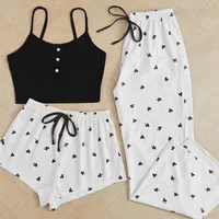 Popular Sexy Ribbed Home Wear Women's Pajamas Waist-Cinching Heart Print 3-Piece Set main image 1