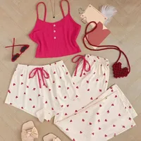 Popular Sexy Ribbed Home Wear Women's Pajamas Waist-Cinching Heart Print 3-Piece Set main image 2