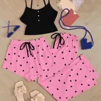 Popular Sexy Ribbed Home Wear Women's Pajamas Waist-Cinching Heart Print 3-Piece Set main image 3