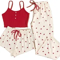 Popular Sexy Ribbed Home Wear Women's Pajamas Waist-Cinching Heart Print 3-Piece Set main image 5