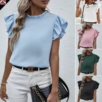 Explosions   Spring And Summer Europe And The United States New Leisure Ruffled Vest Sweet Round Neck Women's Shirt main image 1