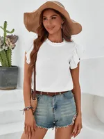 Explosions   Spring And Summer Europe And The United States New Leisure Ruffled Vest Sweet Round Neck Women's Shirt sku image 1