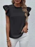 Explosions   Spring And Summer Europe And The United States New Leisure Ruffled Vest Sweet Round Neck Women's Shirt sku image 6