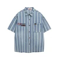 Jiayiku Men's Clothing  New American Mid-Century Trend Brand Washed Distressed Denim Striped Shirt Short Sleeve Vintage main image 1