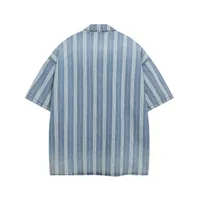 Jiayiku Men's Clothing  New American Mid-Century Trend Brand Washed Distressed Denim Striped Shirt Short Sleeve Vintage main image 2