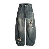 Jiayiku Trendy Brand  American Scimitar Pants Retro Washed Ripped Jeans Men's Straight-Leg Personalized Wide-Leg Pants main image 1