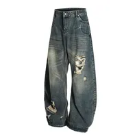 Jiayiku Trendy Brand  American Scimitar Pants Retro Washed Ripped Jeans Men's Straight-Leg Personalized Wide-Leg Pants main image 3