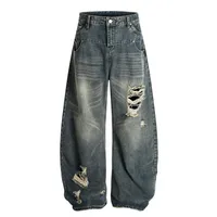 Jiayiku Trendy Brand  American Scimitar Pants Retro Washed Ripped Jeans Men's Straight-Leg Personalized Wide-Leg Pants sku image 3