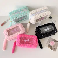 Ins Simple Bow Pencil Bag New Style Plush Large Capacity Stationery Storage Bag Student DIY Material Storage Bag main image 3