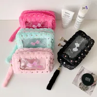 Ins Simple Bow Pencil Bag New Style Plush Large Capacity Stationery Storage Bag Student DIY Material Storage Bag main image 4