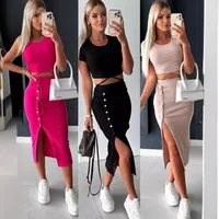 Suit New Style Clear Color Short-sleeved Round Neck Top Button Cropped Hip Mid-length Skirt Casual Two-piece Set main image 1