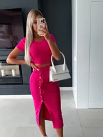 Suit New Style Clear Color Short-sleeved Round Neck Top Button Cropped Hip Mid-length Skirt Casual Two-piece Set sku image 4