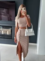 Suit New Style Clear Color Short-sleeved Round Neck Top Button Cropped Hip Mid-length Skirt Casual Two-piece Set sku image 11