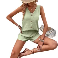 Loose Sleeveless Mint Green Hot Girl Set Summer V-neck Casual Solid Color Button Decorative Vest Two-piece Set main image 5