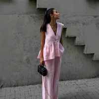 Cotton V-neck Sleeveless Top Vest Pants Suit Women's  New Solid Color Elegant Commuter Two-piece Set main image 2