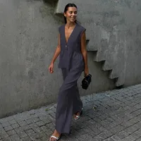 Cotton V-neck Sleeveless Top Vest Pants Suit Women's  New Solid Color Elegant Commuter Two-piece Set main image 3