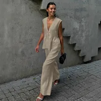 Cotton V-neck Sleeveless Top Vest Pants Suit Women's  New Solid Color Elegant Commuter Two-piece Set main image 4