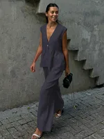 Cotton V-neck Sleeveless Top Vest Pants Suit Women's  New Solid Color Elegant Commuter Two-piece Set sku image 8