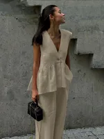 Cotton V-neck Sleeveless Top Vest Pants Suit Women's  New Solid Color Elegant Commuter Two-piece Set sku image 13