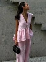 Cotton V-neck Sleeveless Top Vest Pants Suit Women's  New Solid Color Elegant Commuter Two-piece Set sku image 3