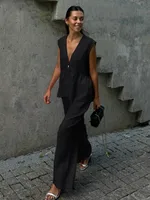 Cotton V-neck Sleeveless Top Vest Pants Suit Women's  New Solid Color Elegant Commuter Two-piece Set sku image 10