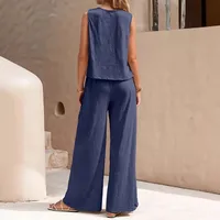 Europe And The United States  Solid Color Elegant Two-piece Crew Neck Vest And Wide Leg Pants Suit Women's Clothing main image 2