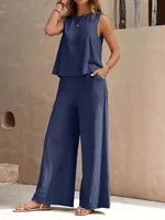 Europe And The United States  Solid Color Elegant Two-piece Crew Neck Vest And Wide Leg Pants Suit Women's Clothing sku image 9