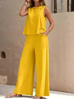 Europe And The United States  Solid Color Elegant Two-piece Crew Neck Vest And Wide Leg Pants Suit Women's Clothing sku image 2