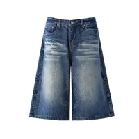 Jiayiku Trendy Summer Shorts American Retro Washed Denim Straight-Leg Unisex Personality Simple Cropped Pants main image 1