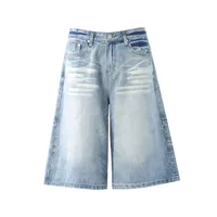 Jiayiku Trendy Summer Shorts American Retro Washed Denim Straight-Leg Unisex Personality Simple Cropped Pants main image 2