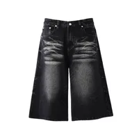 Jiayiku Trendy Summer Shorts American Retro Washed Denim Straight-Leg Unisex Personality Simple Cropped Pants sku image 11
