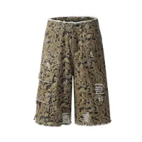 Jiayiku Men's Leopard Print Camouflage Capri Pants American Washed Rough Edge Jeans Men's And Women's Loose Straight Short Pants main image 1