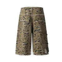 Jiayiku Men's Leopard Print Camouflage Capri Pants American Washed Rough Edge Jeans Men's And Women's Loose Straight Short Pants main image 2