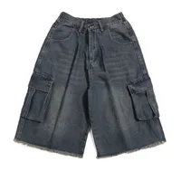 Jiayiku Men's  New American Style Retro Washed Rough Edge Tooling Denim Shorts Loose Straight Pants sku image 1