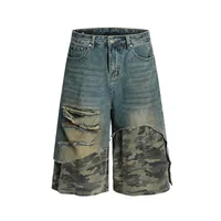 Jiayiku Trendy Brand   High Street Vibe Camouflage Denim Shorts Men's Ro Trendy Fake Two-Piece Ripped Cropped Pants main image 1