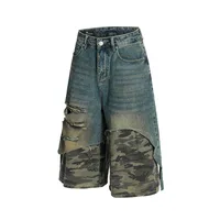 Jiayiku Trendy Brand   High Street Vibe Camouflage Denim Shorts Men's Ro Trendy Fake Two-Piece Ripped Cropped Pants main image 2