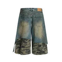Jiayiku Trendy Brand   High Street Vibe Camouflage Denim Shorts Men's Ro Trendy Fake Two-Piece Ripped Cropped Pants main image 3