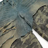 Jiayiku Trendy Brand   High Street Vibe Camouflage Denim Shorts Men's Ro Trendy Fake Two-Piece Ripped Cropped Pants main image 4