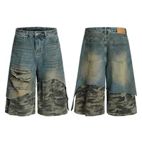 Jiayiku Trendy Brand   High Street Vibe Camouflage Denim Shorts Men's Ro Trendy Fake Two-Piece Ripped Cropped Pants main image 5